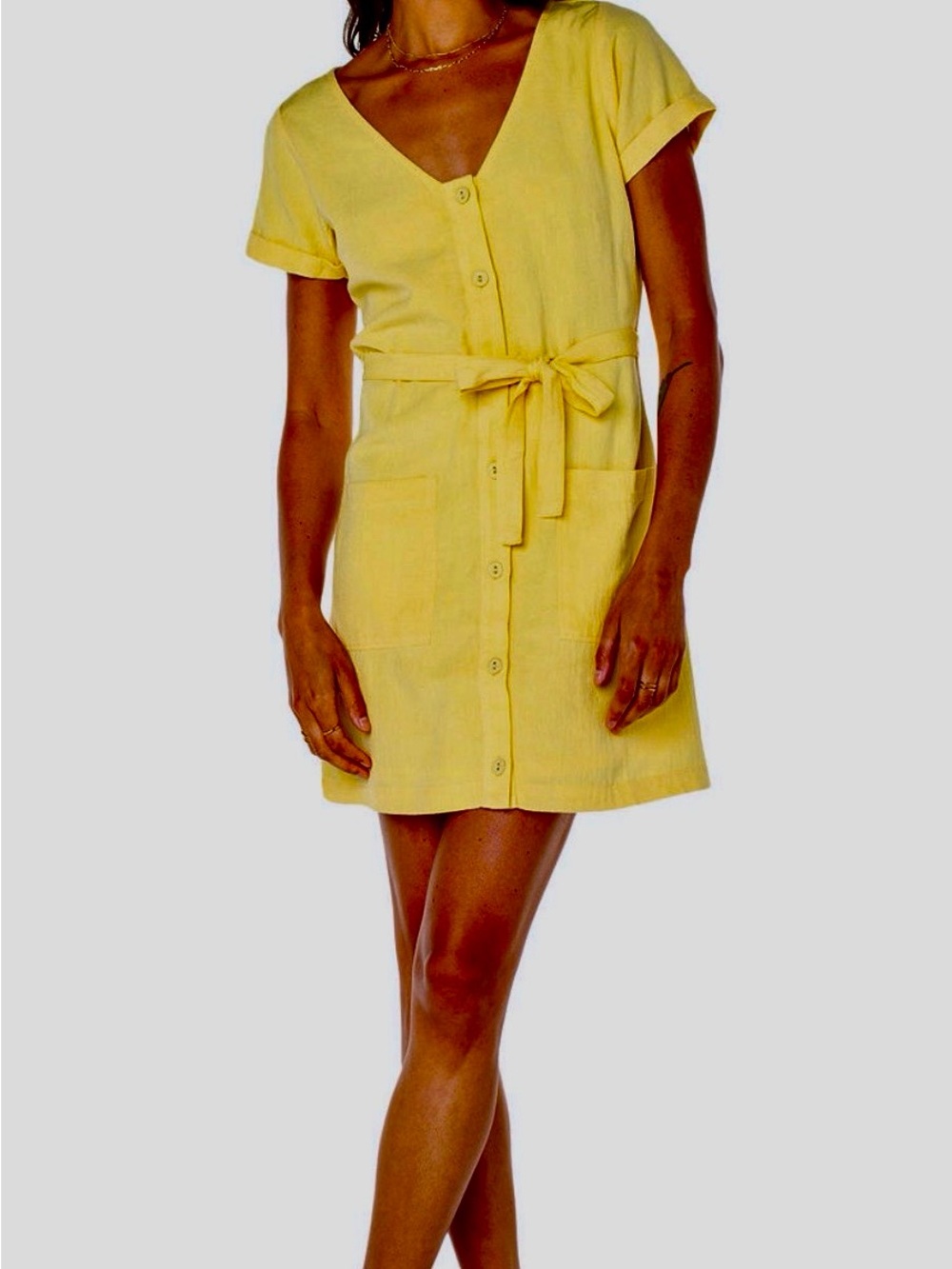 Roxy Kona Belted Short-Sleeve Yellow Button Front Mini Dress